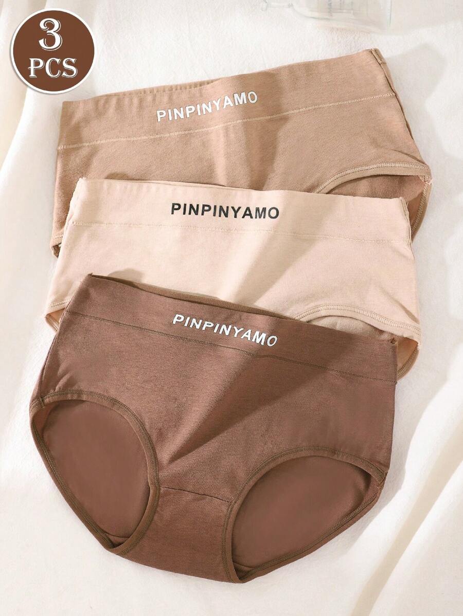 Set de 3 bragas para mujer, ropa interior cómoda y transpirable con estampado de letras y de unicolor, control de abdomen y levantamiento de glúteos