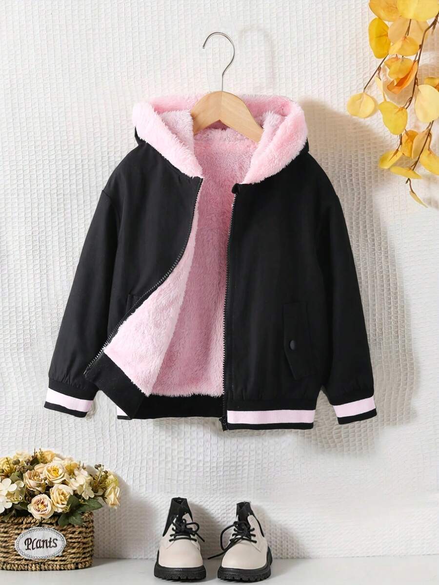 Giacca con cappuccio in pile spessa e calda per l'inverno, da ragazza, di colore unito, con spalle cadenti, in stile minimalista e sportivo, casual