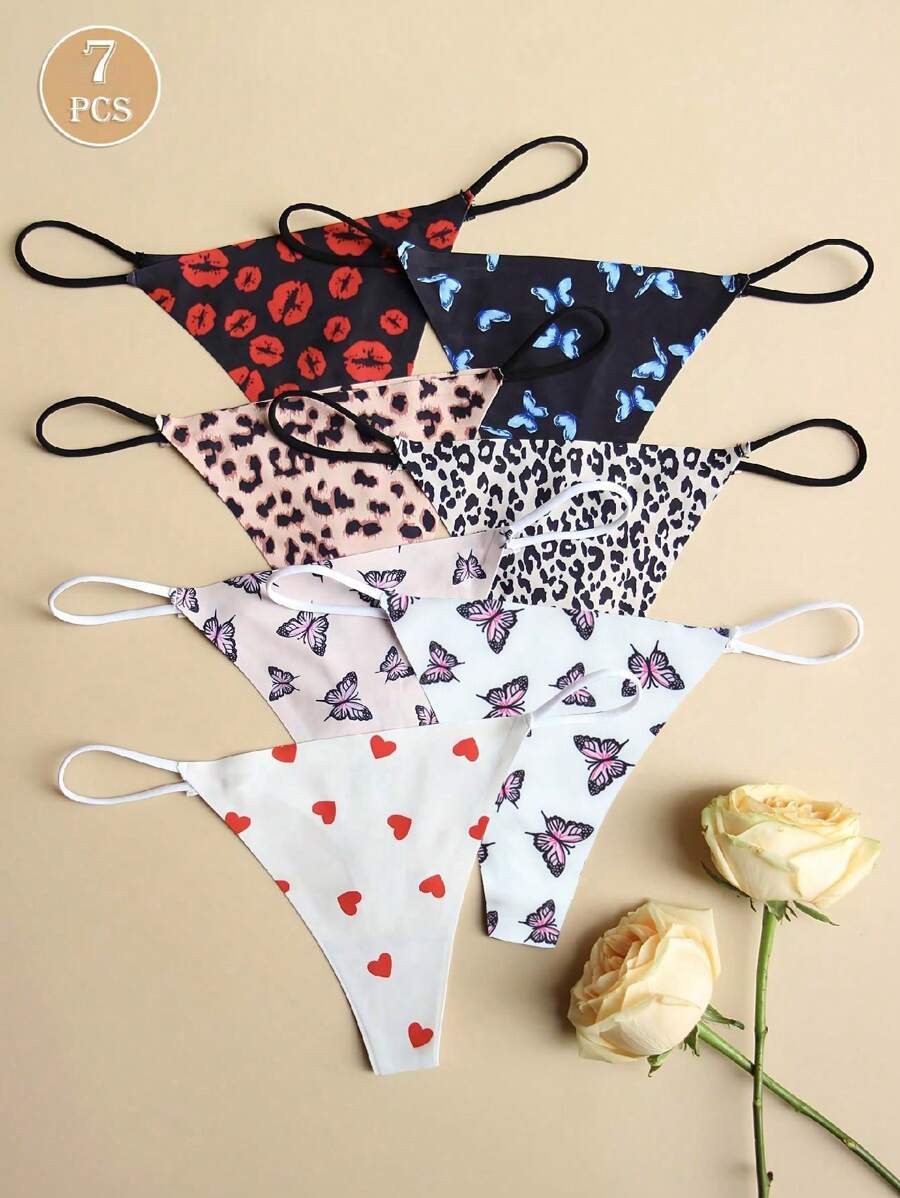 7-Piece Ladies' Low-Waisted G-String Panties With Thin Print Pattern Butterfly Love Women's Panties With Animal And Leopard Print Sexy Women's Underwear Seamless, Soft, Comfortable And Breathable