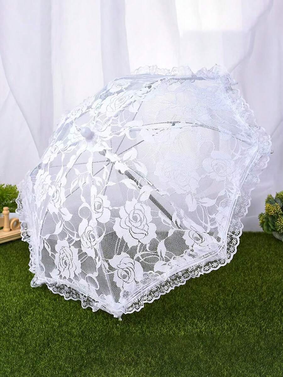 1 Peça Guarda-chuva Parasol Manual Feito à Mão, Noiva de Casamento, Renda, Flor Branca Rosa, Bordado Floral, Decoração Romântica Vintage, Adereços de Palco