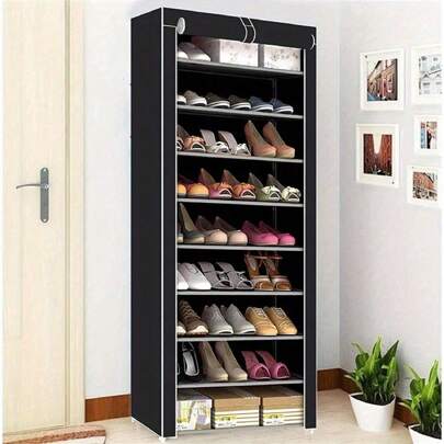 10 Tier Shoes Rack Storage Shoe Cabinet With Dustproof Cover 160 * 58 28cm Storage Organiser Holds 27 Pairs Shoe Stand For Hallway Living Room (Black)