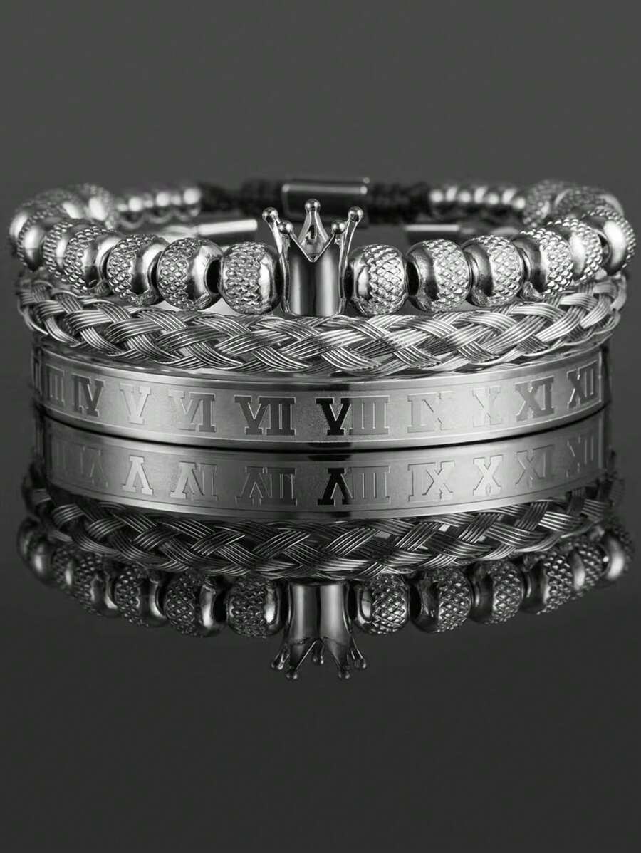 3 Stück/Set Herren Armbänder aus Edelstahl mit Ananas, Krone und geflochtenem kubischem Zirkonia
