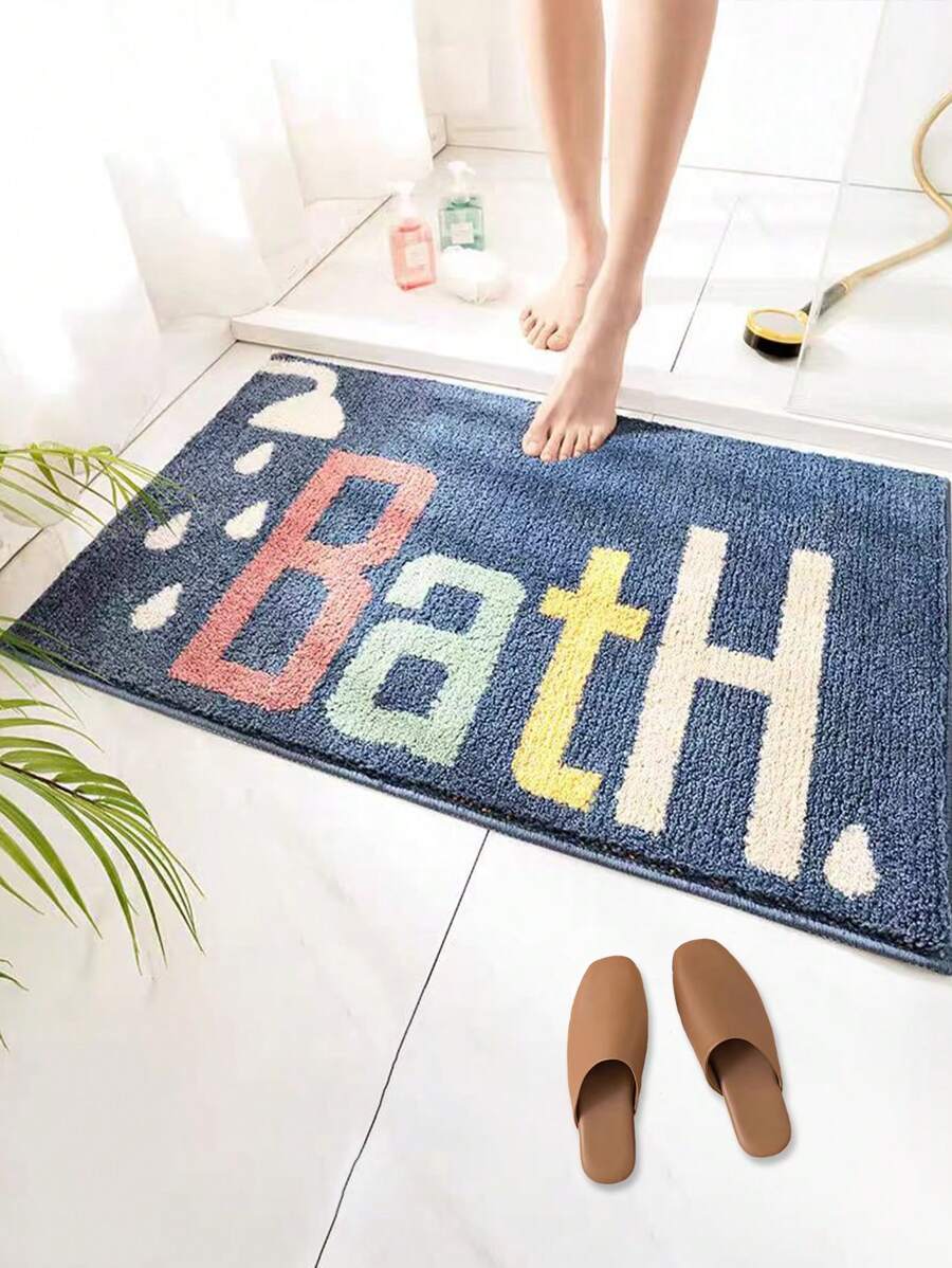 1pc Faux Cashmere Carpet Floor Mat Soft & Non-Slip,Bath Letter Pattern, Hand Washable For All Seasons, Indoor Use ,Room Decor,For Bathroom Home Bathroom Decor Bath Rug Outdoor Rug Door Mat Fall Decor Bathroom Accessories Back To School