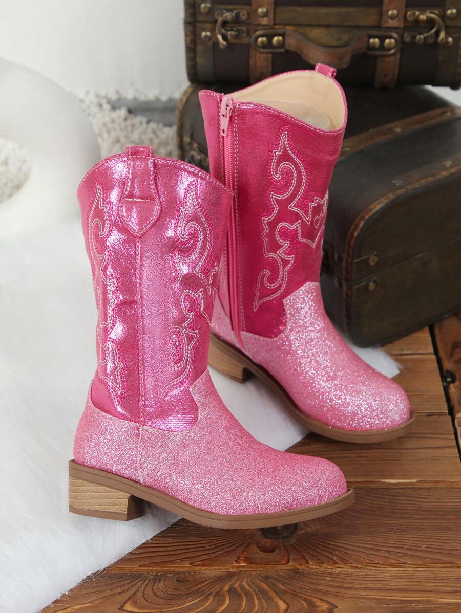 Um Par de Botas para Meninas - Botas de Cowboy Ocidentais Bordadas de Cano Alto/Média Altura, Bico Fino, Zípers Laterais, Saltos