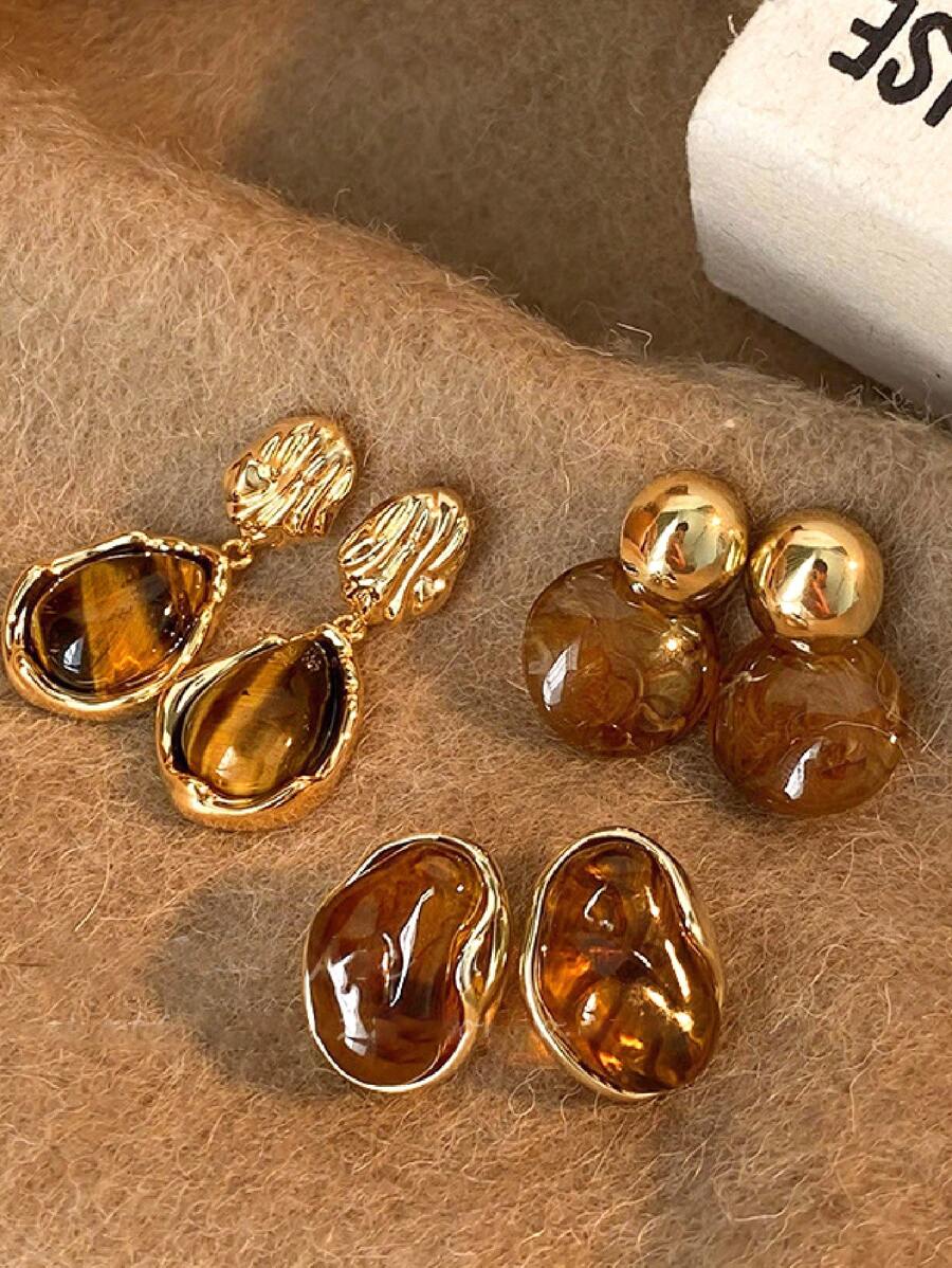 3 Pairs Vintage Amber-Color Resin Alloy Ear Studs, Suitable For Women's Daily Wear Jewelry, Christmas Gift, Holiday Gift, Singles Party Gift