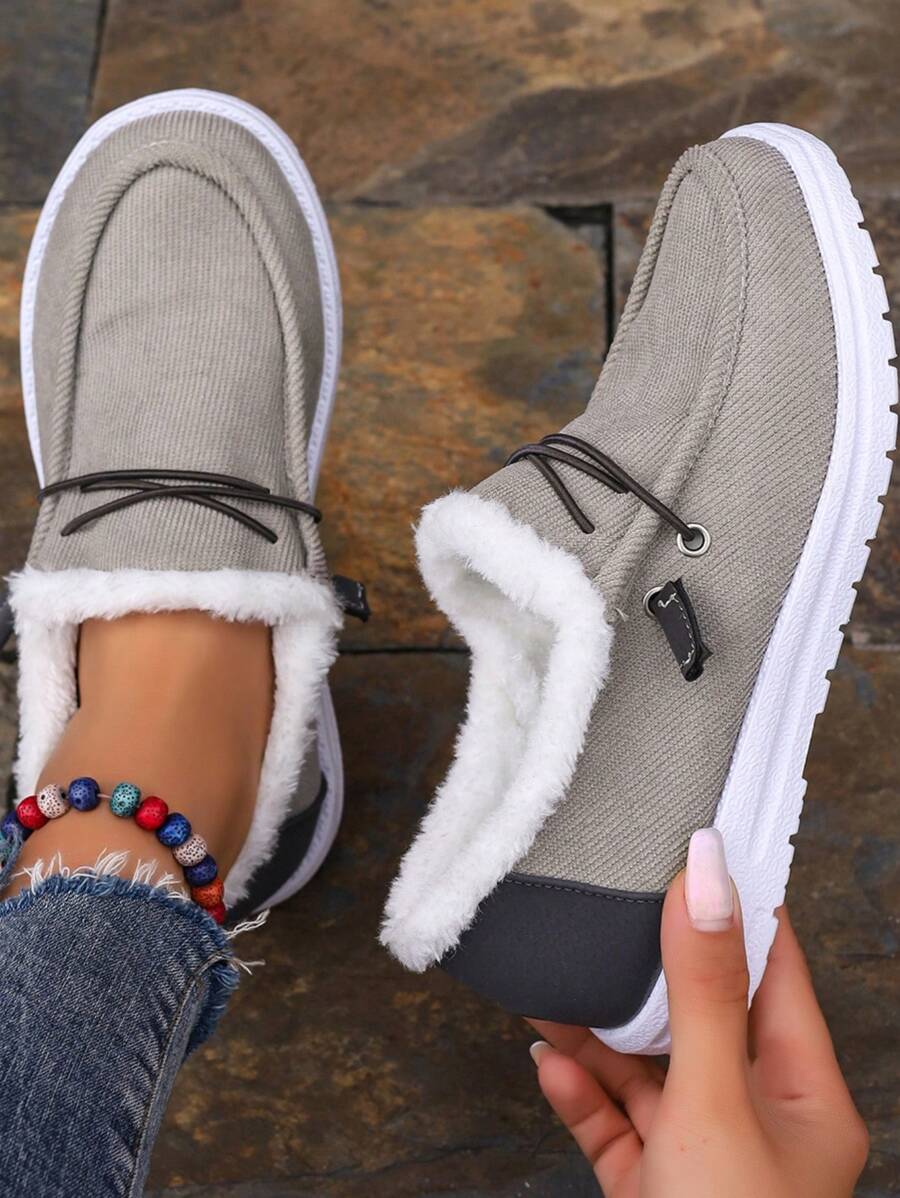 Low-Top Canvas Flat Bottom Casual Sports Shoes, Warm Fleece Lace-Up Women Low-Top Snow Boots Fleece Thickened Fuzzy Shoes