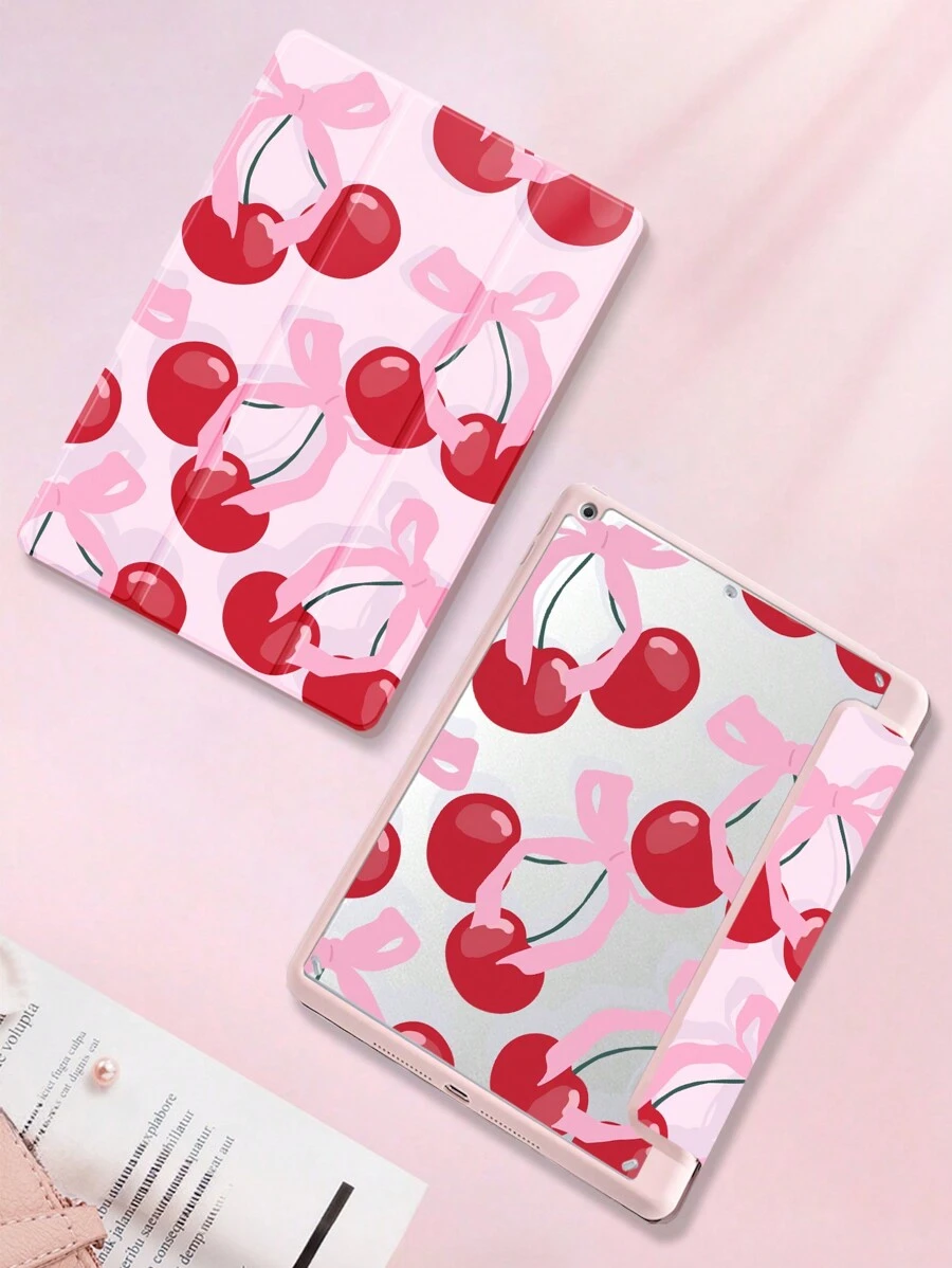 1pc Bow Tie Cherry Dual-Sided Painted Acrylic Transparent Crystal Back Cover, Compatible With IPad 10.2 Inch 2021/2020/2019 IPad 9th/8th/7th Gen, Compatible With IPad 5th Gen (9.7 Inch), IPad Air 5th Gen 2022/IPad 10th Gen/IPad Pro 11 Inch 2024, With Pen Holder, Supports Auto Sleep/Wake Cover, Provides Drop Protection