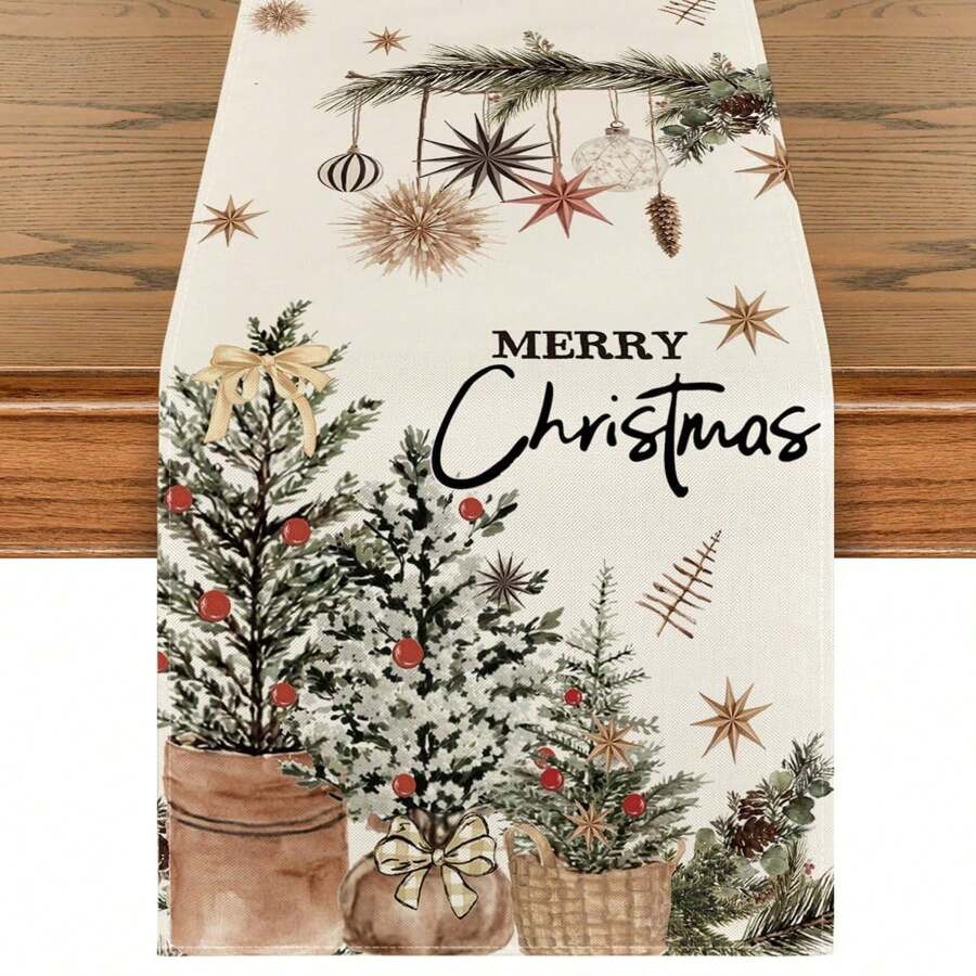 1pc Christmas Tree, Red Bird & Red Flower Merry Christmas Table Runner, Seasonal Winter Floral Kitchen Dining Table Decor, Home Party Decoration, Family Gathering Ornament