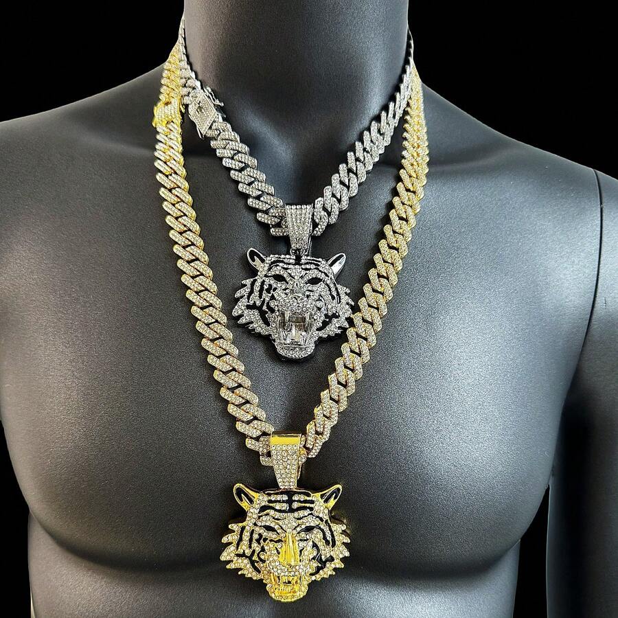 Mode 14mm breite, massive Gliederkette Halskette, kühnes Tier-Thema Schmuckstück, kombiniert mit goldenem Tigerkopf Anhänger mit 18K Weiß-/Gelbgold-Beschichtung, besetzt mit simulierten Strass-Steinen, erhältlich in 50/60/70cm