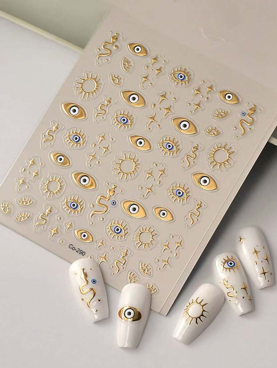 1 pezzo Nuovi adesivi per manicure a forma di stella a quattro punte alla moda di stile europeo e americano, decalcomanie per unghie in foglia d'oro a tema occhi e totem di serpente 5D