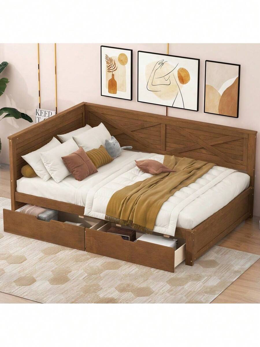Twin Size Wood Daybed With 2 Drawers And Rustic Guardrail, Ancient Brown(Expected Arrival Time: 8.28),Youngth