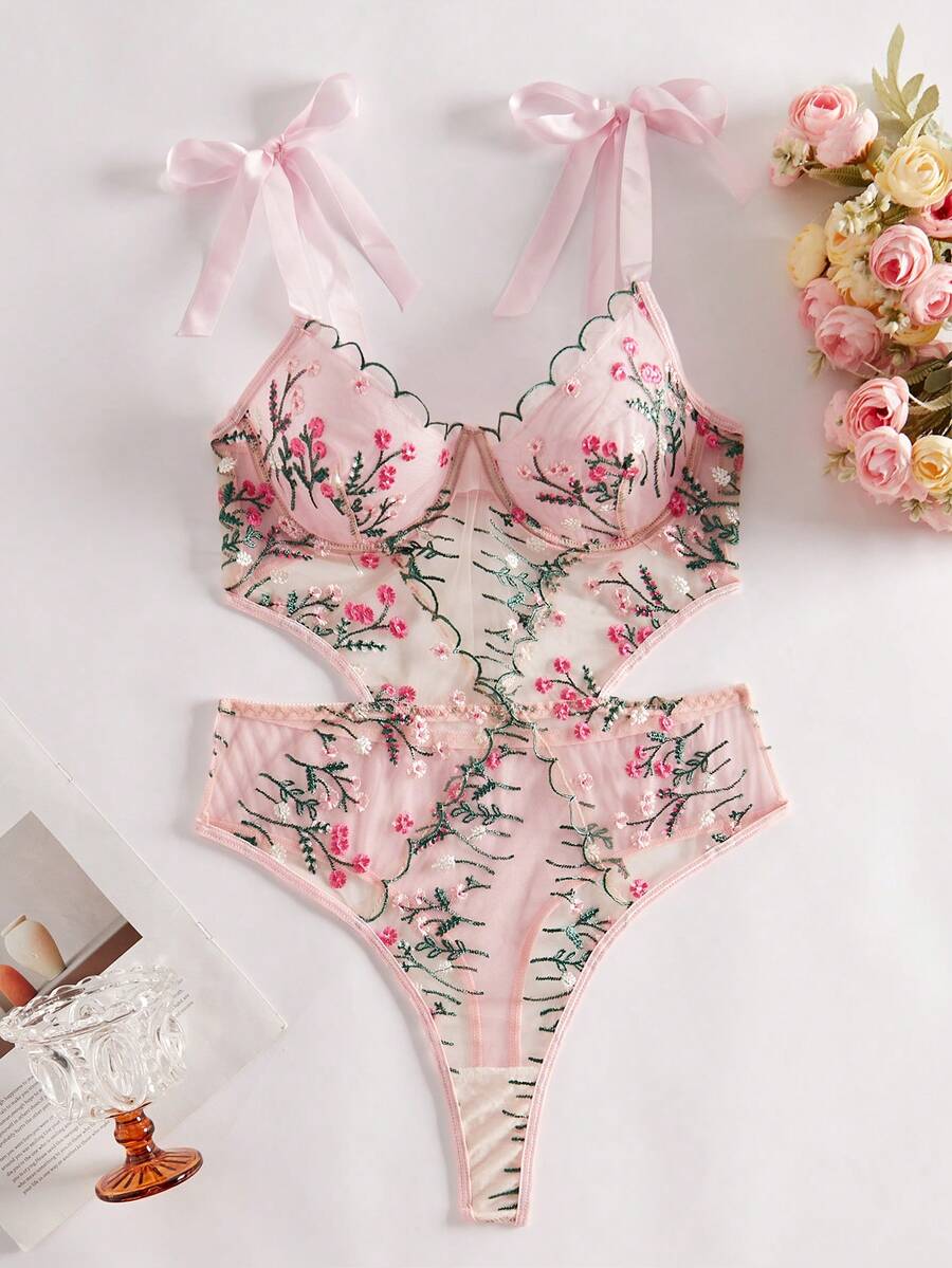 Women S Sexy Lingerie Sheer Mesh Floral Embroidery Lace Up See Through Jumpsuit Suitable For