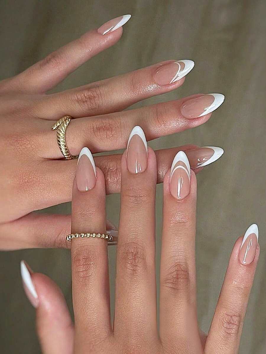 24pcs Medium Almond White French Press-On Nails Set Minimalist Style False Nails With Line Art Designs Glossy Full Cover Fake Nails For Women Girls