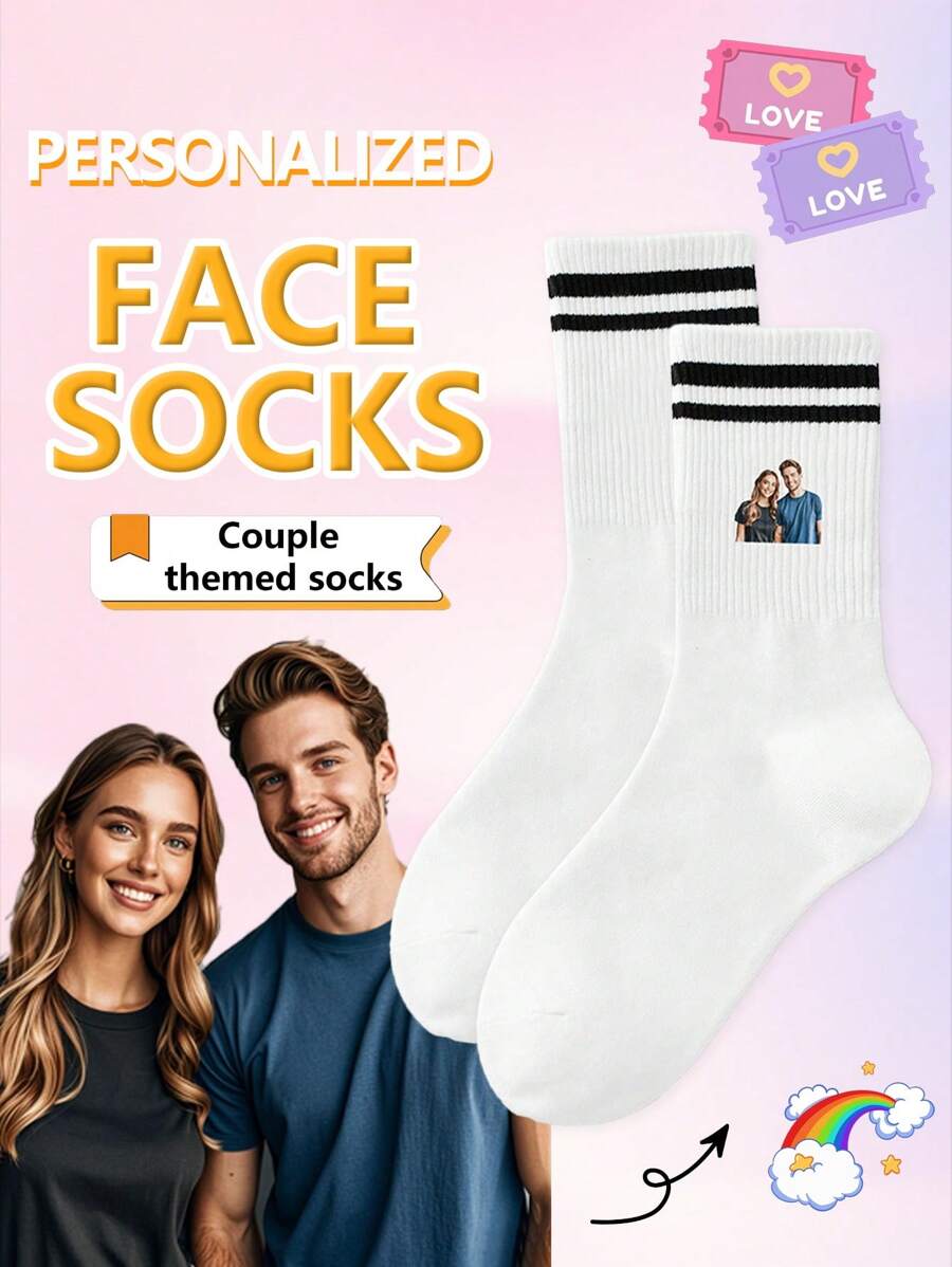1 Pair Of Customized Face Women's Mid Tube Socks, Put Any Face On Socks, Personalized Socks For With Photos, Interesting Customized Picture Pairs With Medium To Long Socks, Suitable For Valentine's Day, Birthdays, Gift Giving, And Other Occasions,Personalized, Fun, Rich And Colorful, Creative Anime Cartoon Design, Holiday Gifts