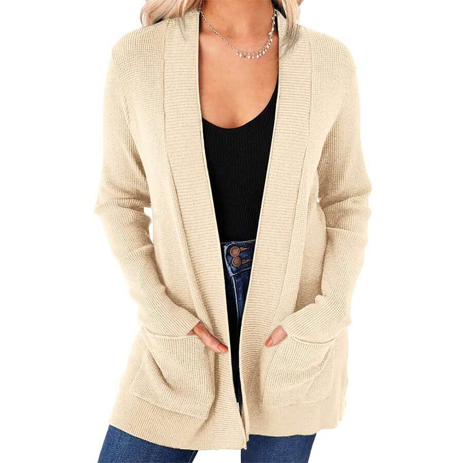 Womens Open Front Cardigans Casual Long Sleeve Classic Knit Sweater Outerwear With Pockets
