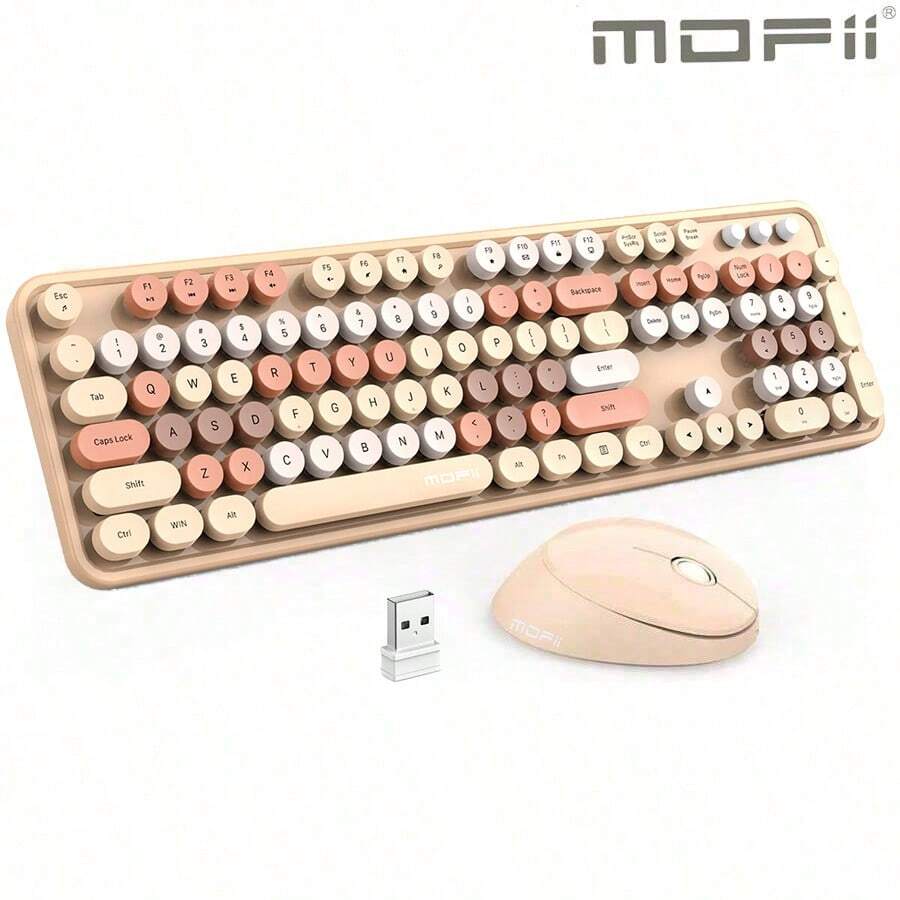 MOFII Combo clavier et souris sans fil MOFII, clavier sans fil rétro avec touches rondes, souris sans fil mignonne pour Windows, ordinateur, bureau, PC, ordinateur portable
