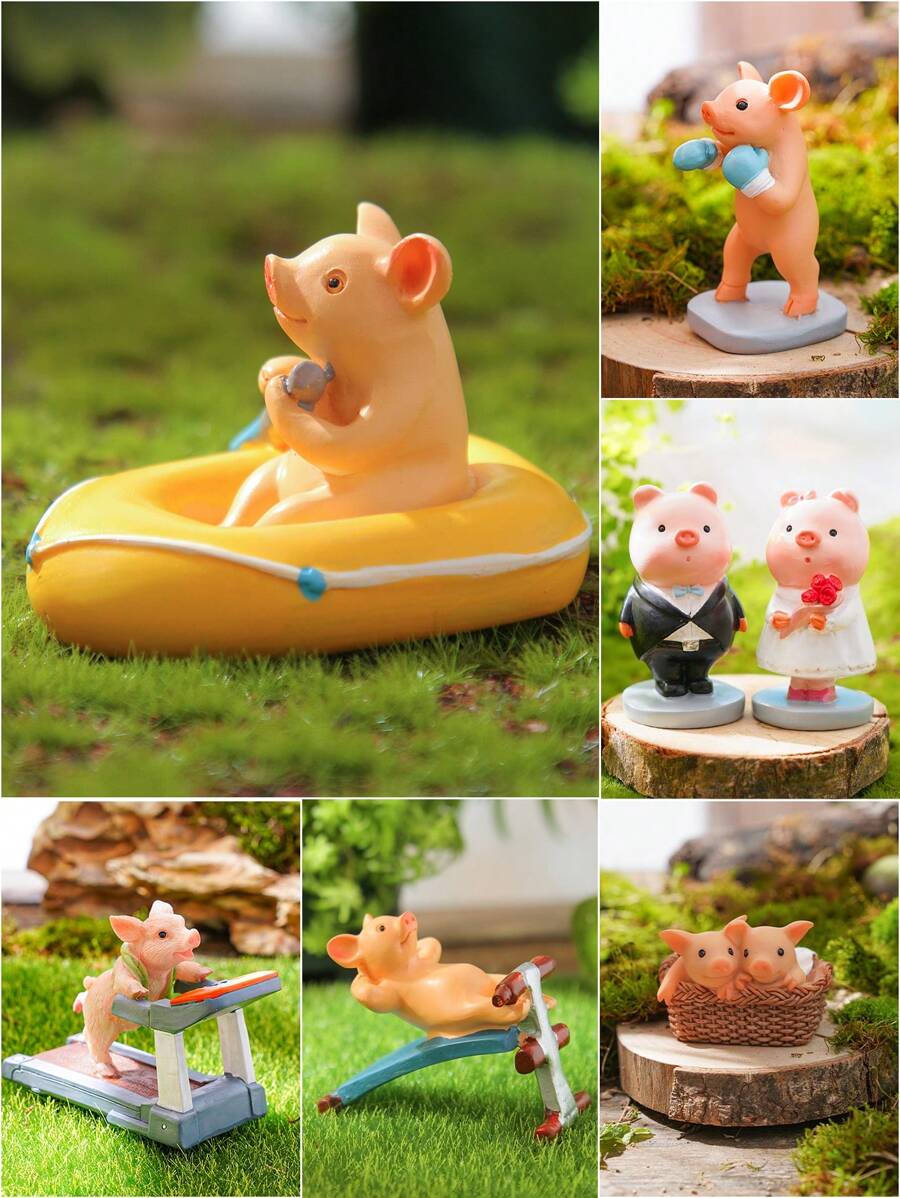 1pc Adorable Mini Pig Animal Figurine, Handpainted Waterproof Resin Home & Garden Decor Ornament, Bonsai Landscaping Mini Animal Statue, Yard Garden Decoration Mini Pig Sculpture