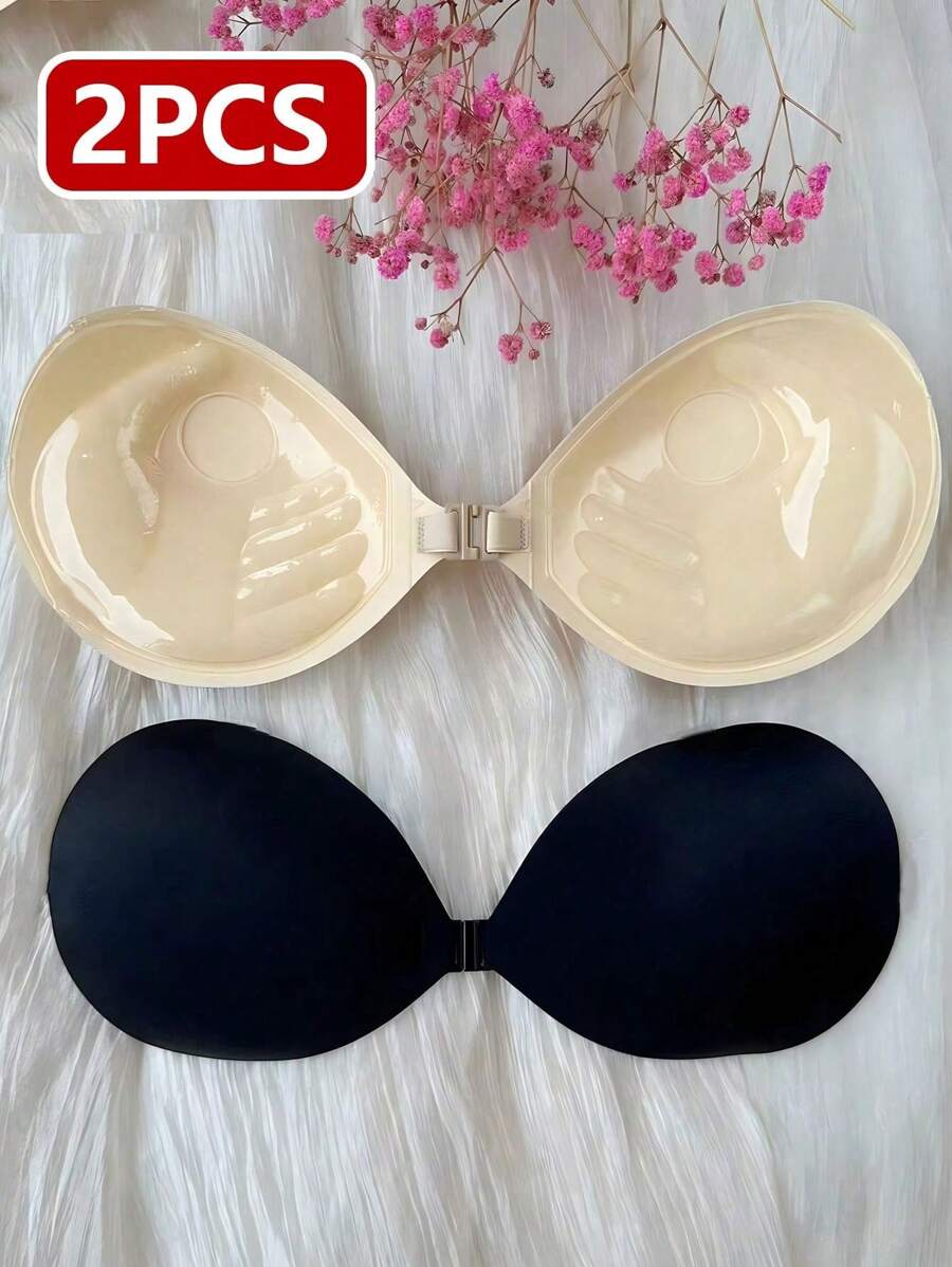 Two Pieces Set Of New Women's Invisible Gathering Disposable Thickened 3cm Palm Cup Adhesive Bra, One Black Apricot Color Each Underwear Accessory