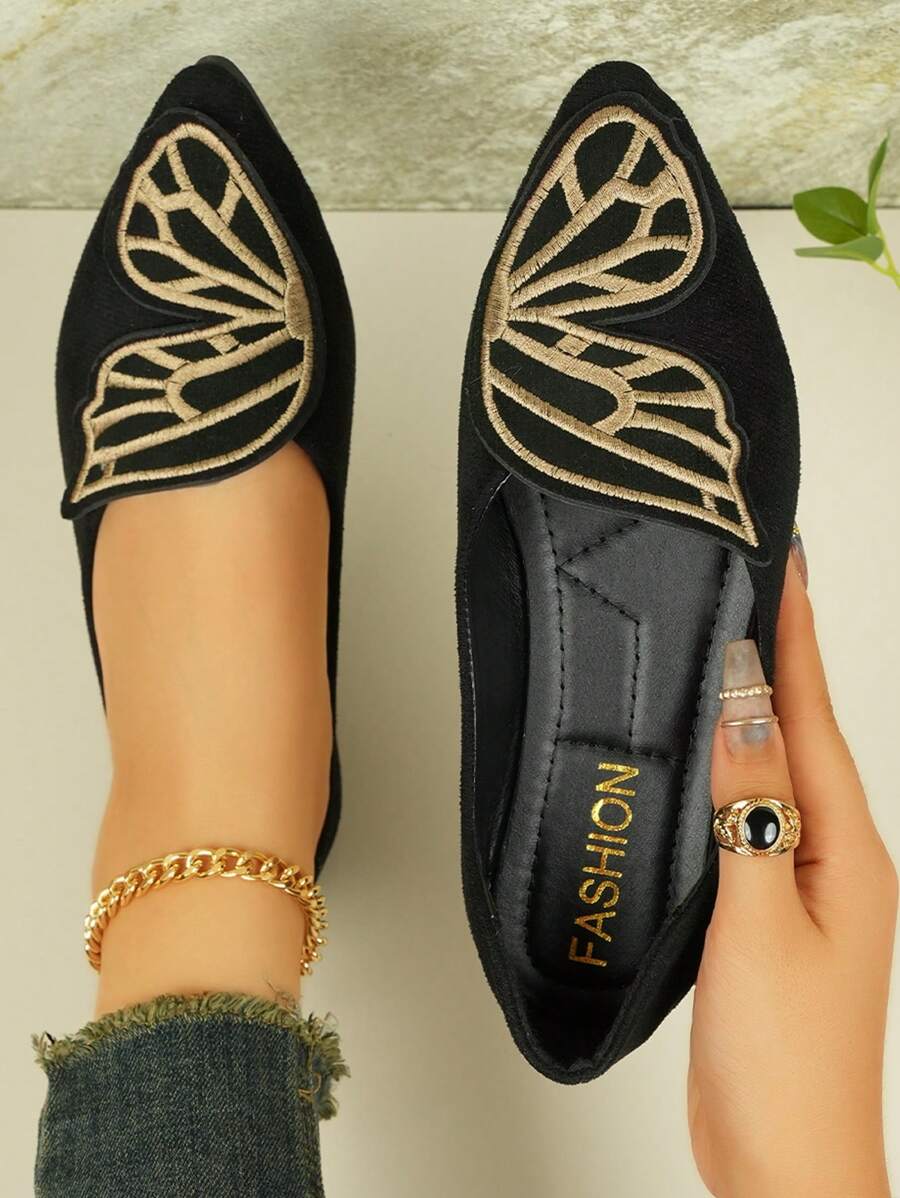 2024 Spring & Autumn New Pointed Toe Embroidered Butterfly Low Heel Flat Shoes For Women, Suede Casual Loafers
