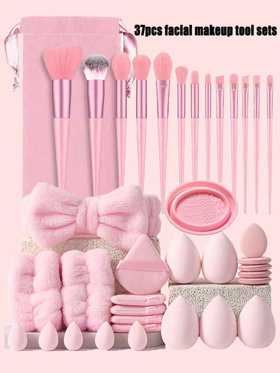 37pcs Facial Makeup Tool Set: Includes 13pcs Makeup Brushes & 1pc Hair Ties & 2pcs Wristbands & 4pcs Large Makeup Sponges & 4pcs Mini Beauty Eggs & 4pcs Fan-Shaped Powder Puffs & 4pcs Thumb Powder Puffs & 1pc Wash Brush Cleaning Bowl - Suitable For All Skin Types