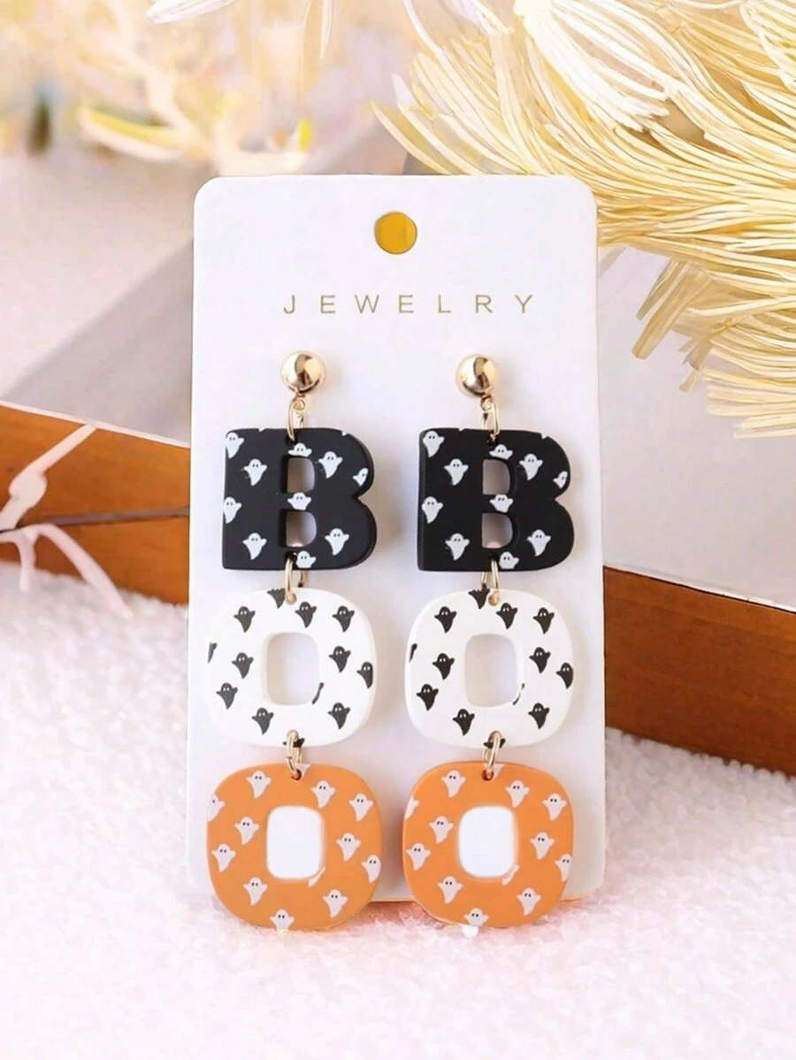 1pair Halloween Ghost Printed Acrylic & Polymer Clay BOO Earrings, Fun And Cute Party Ear Accessories, Holiday Gift(Without A Card)