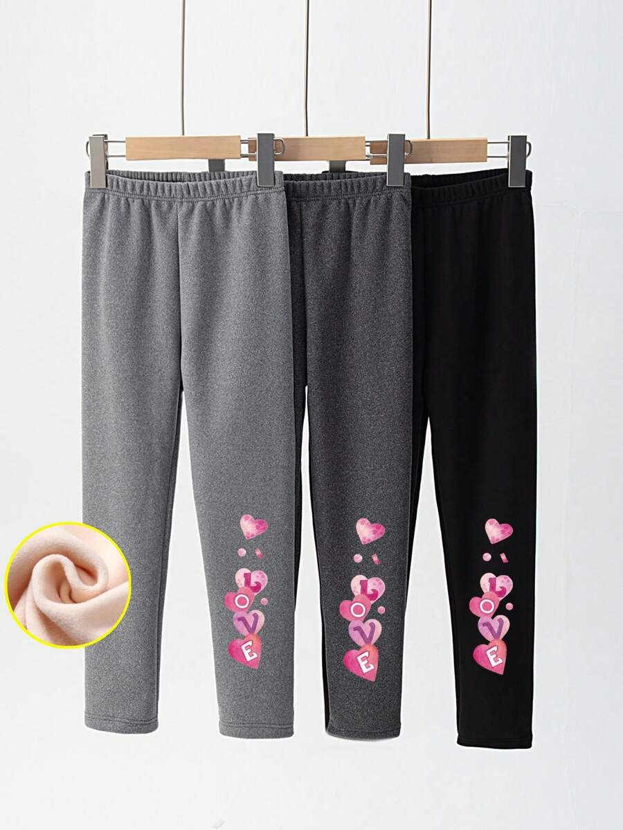 3pcs/Set Young Girl Thicken Thermal Lined Heart Print Thermal Leggings