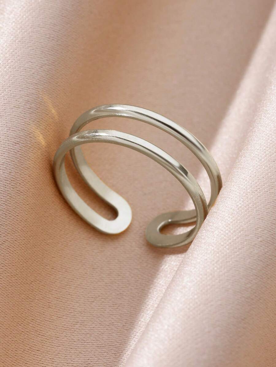 1Pc Anel Aberto de Camada Dupla Minimalista para Mulheres Aço Inoxidável Anel de Dedo Ajustável Aberto Acessórios de Joias da Moda