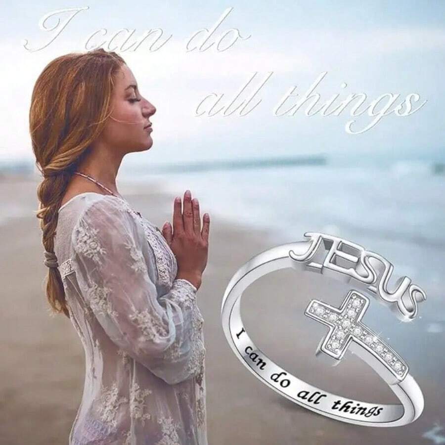 (1pc) Glass Rhinestone Inlay Cross Ring With Engraved 'I Can Do All Things' - Fashionable Zinc Alloy Religious Jewelry Gift For Women And Girls Over 15 - Unplated Jesus Themed Ring