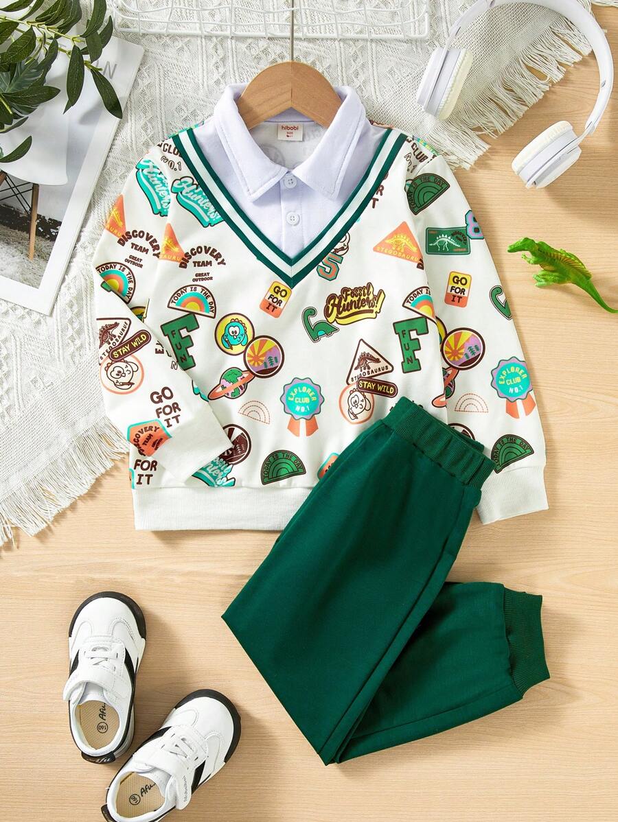2 Piezas Traje de niño de manga larga con estampado de dinosaurios, pantalón con cordón de color sólido, falso diseño de dos piezas, traje de manga larga de moda y casual, adecuado para niños de 18 meses a 6 años para vestir en primavera y otoño