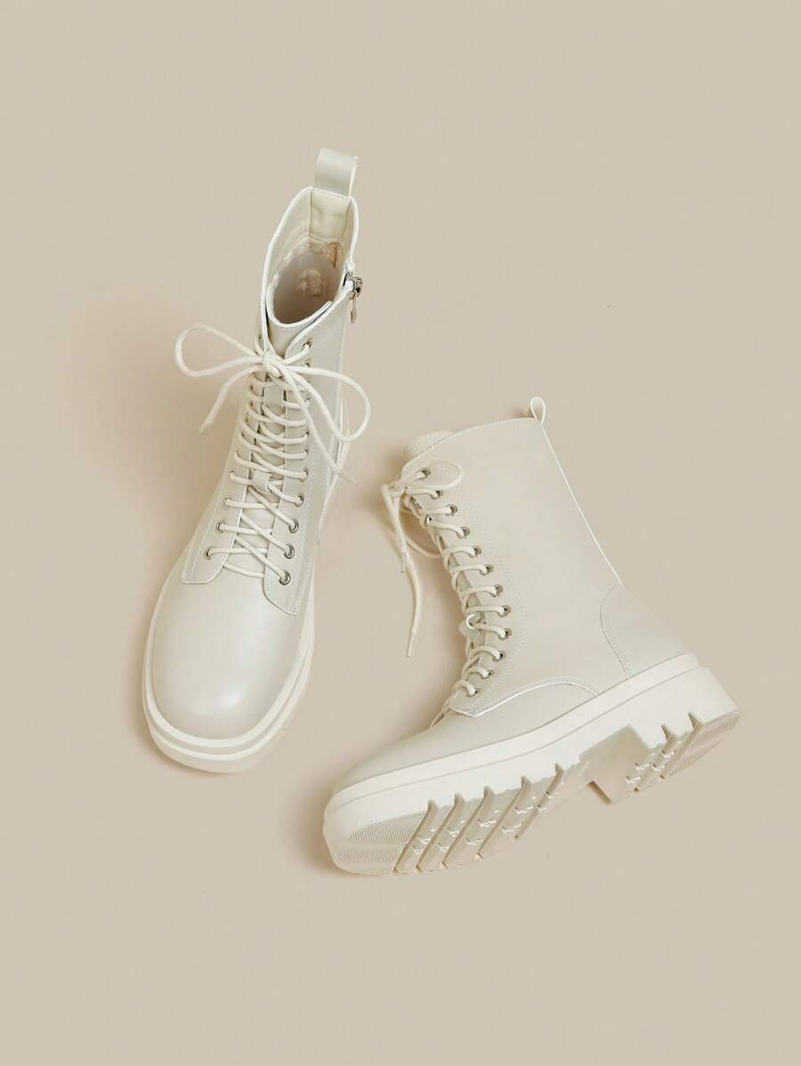 Women's Winter White Boots, New Autumn Winter Thick Sole Ankle Boots Women, Mid-Calf Lace-Up Zipper Boots