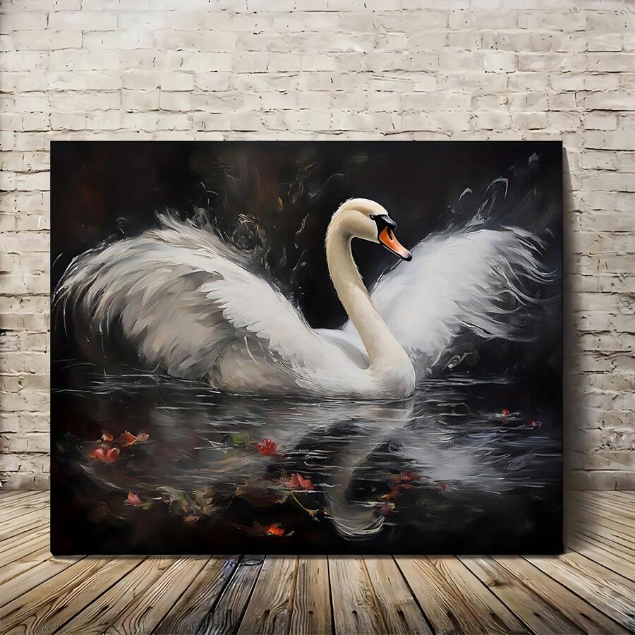 Swan On The Lake Canvas Wall Art: Animals Print, Swan And Flower Artwork, Home Decoration, Festival Gift, Office Supplies, School Supplies, Classroom Decor, Wall Art Patterns