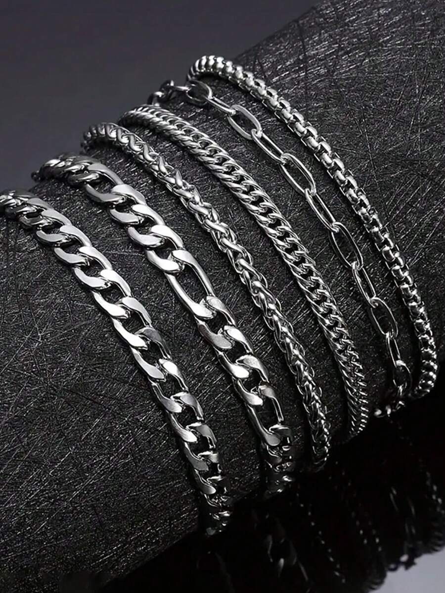6pcs/Set Men's Stainless Steel Minimalist Fashion Chain Bracelets, For Daily Wear