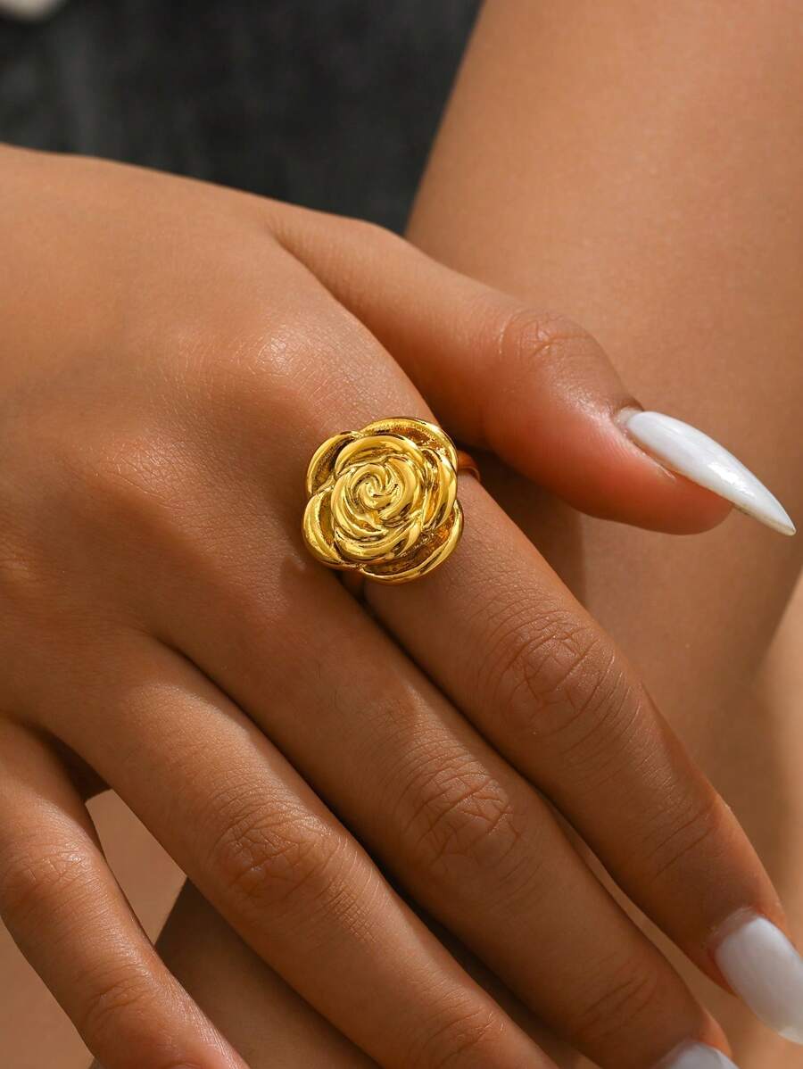 LIEBEIRIS 1 Stück 18k Vergoldeter exquisiter 3D Rosenblumen Edelstahlring, geeignet für täglichen Gebrauch und als Geschenk für Frauen zu Valentinstag, Muttertag, Mutter