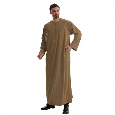 Arabic Style Men's Solid Color Handmade Button Round Neck Robe