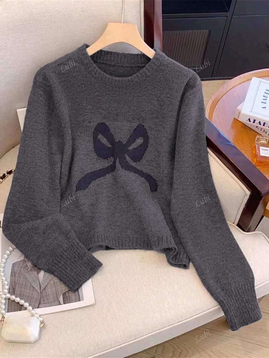 Women's Simple Commuter Solid Color Bow Embossed Long Sleeve Crew Neck Knit Sweater