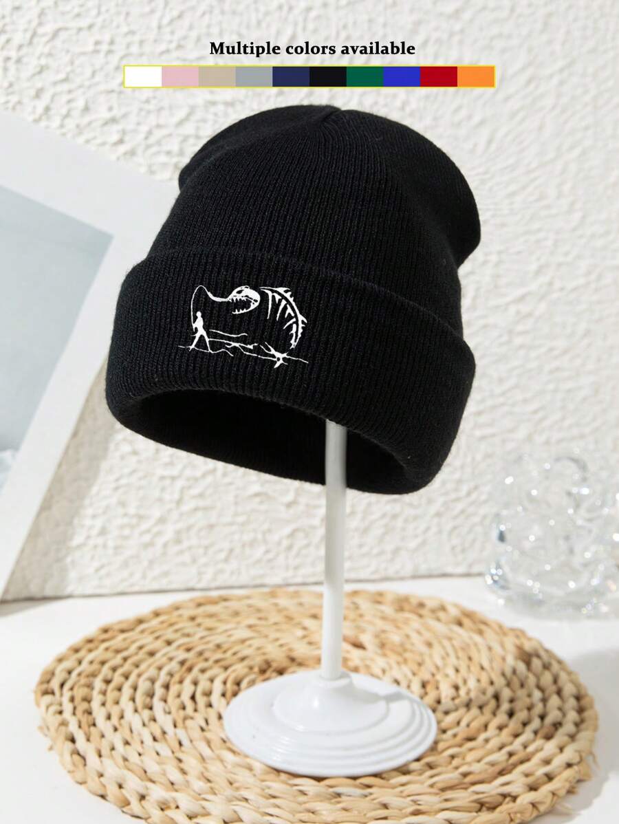 1 pieza Gorro de punto con bordado acrílico de estilo casual de calle, estampado de espina de pescado, para hombre, para pesca, senderismo, esquí y deportes al aire libre, para otoño/invierno, cortaviento y cálido