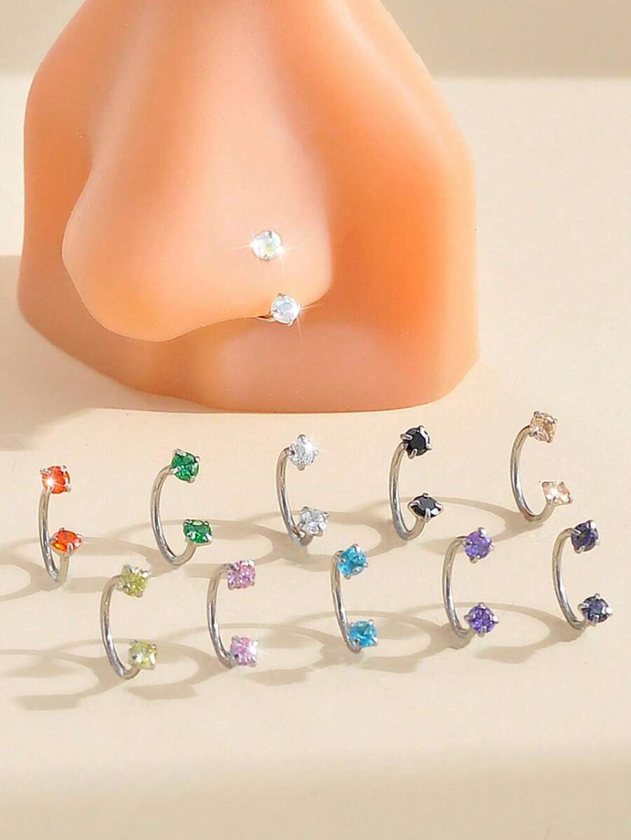 1 pieza Accesorio de acero inoxidable con piedras de circonita cúbica desmontable, de forma exagerada y elegante, de varios colores, para perforación corporal de moda minimalista para mujeres, anillo de nariz en forma de C, 1.0mm, adecuado para regalos de cumpleaños, festivos, fiestas y uso diario
