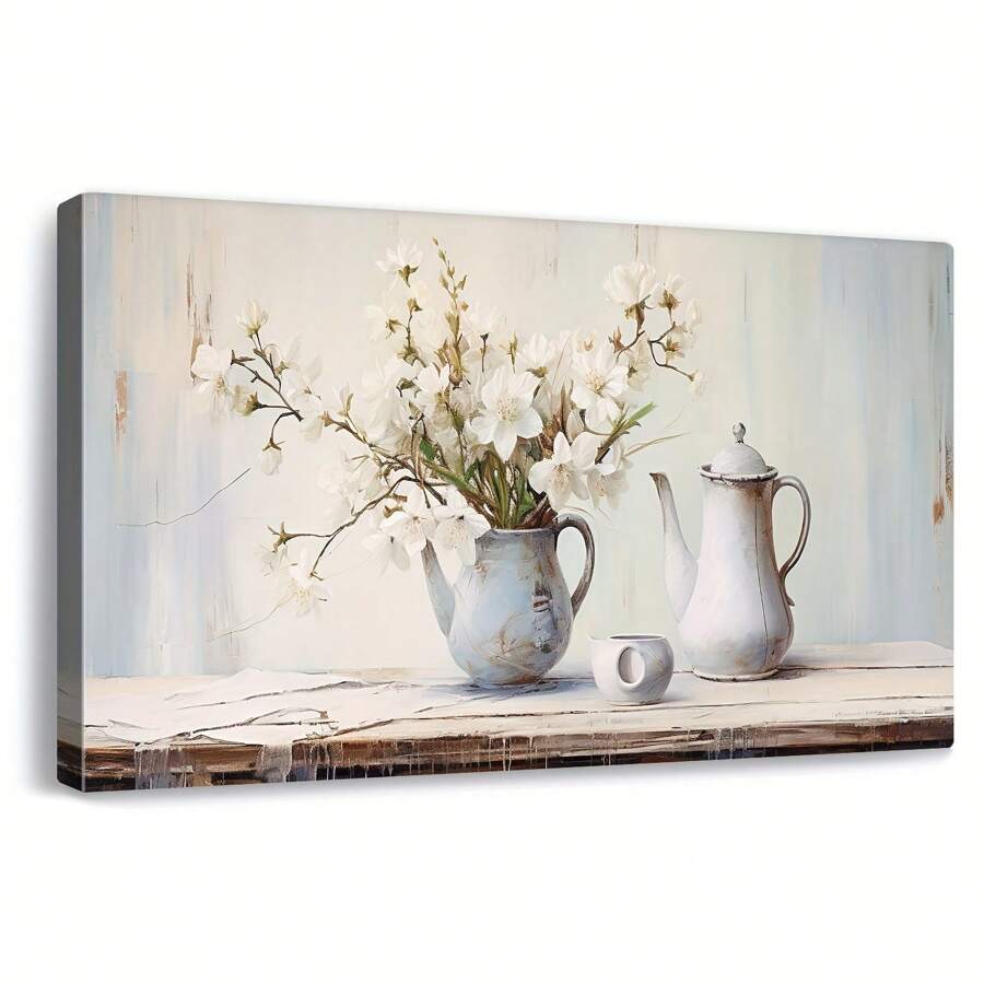 1pc White Jasmine And Rusty Watering Cans Canvas Wall Art Vintage Wood Gain Painting Modern Farmhouse Flowers Artwork Prints For Living Room Bedroom Bathroom Decor Framed And Ready To Hang