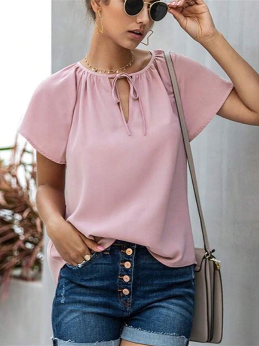 Women's Short Sleeve Tie Neck Blouse With Keyhole Front Detail