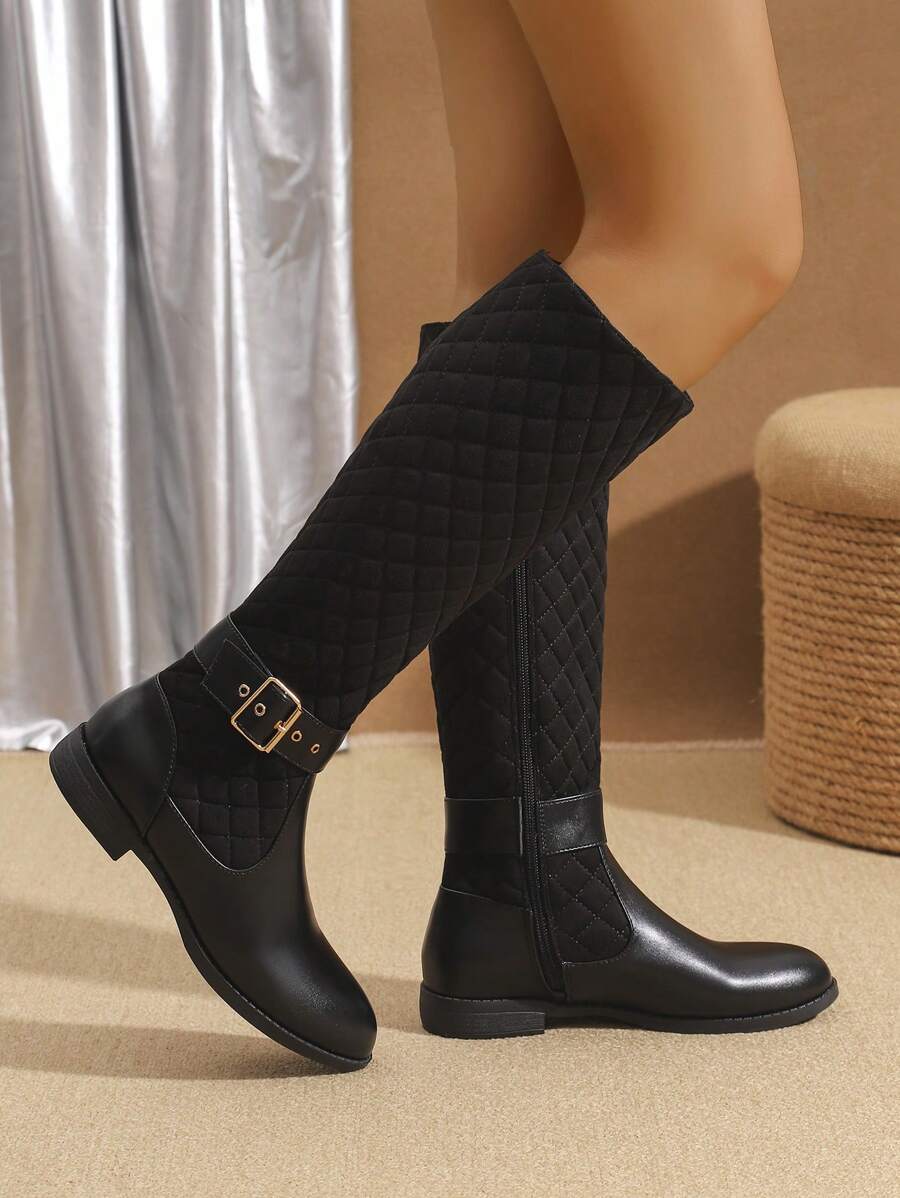 2024 Nuevos Botas altas de mujer cómodas y antideslizantes para otoño/invierno, con decoración de botones metálicos bordados, botas negras casuales a juego con cremallera lateral hasta la pantorrilla, estilo occidental con punta redonda y suela gruesa