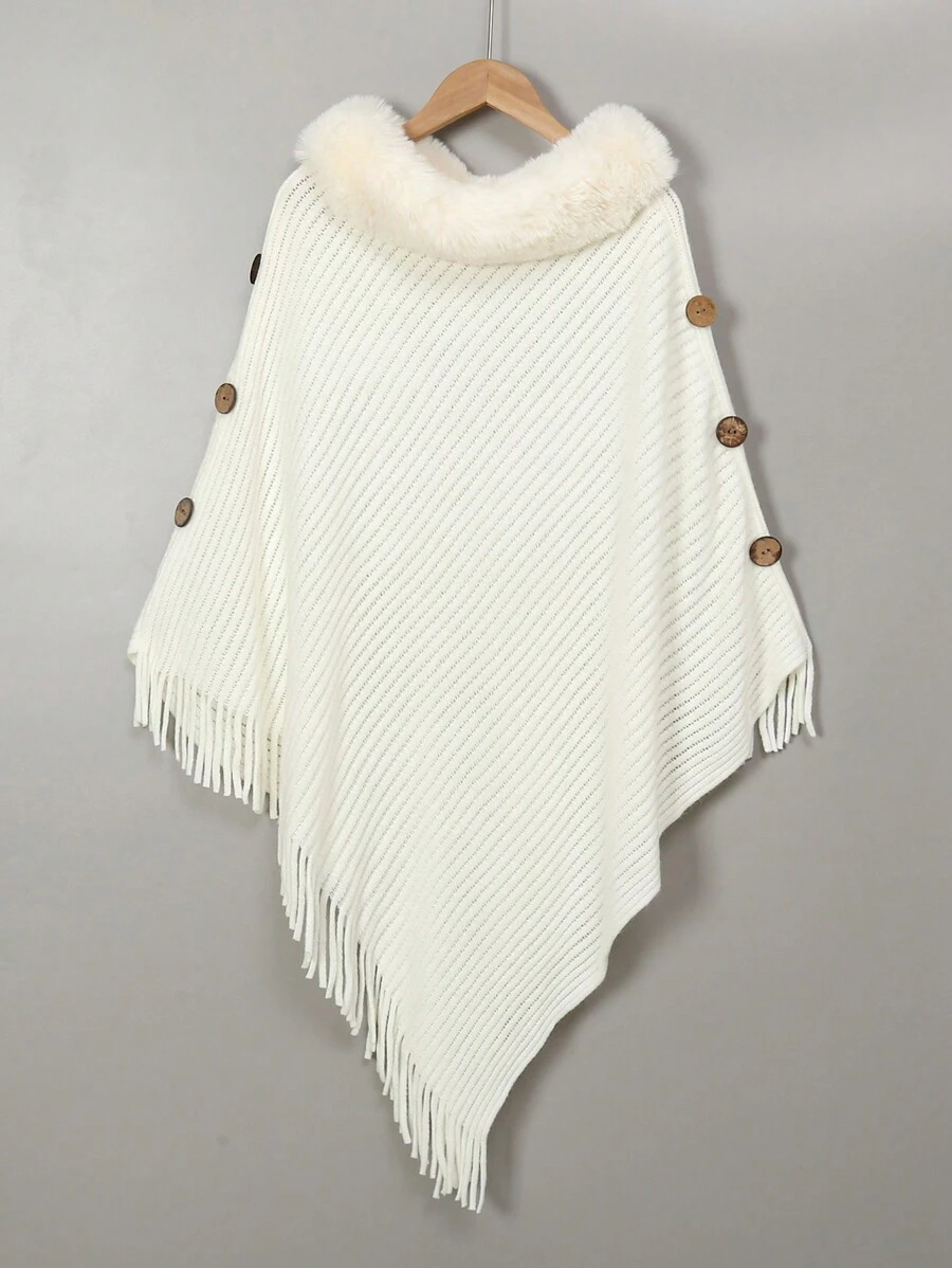 1pc Women's Solid Color Tassels Knit Poncho With Fur Collar, Warm & Fashionable For Casual & Vacation Accessories Women