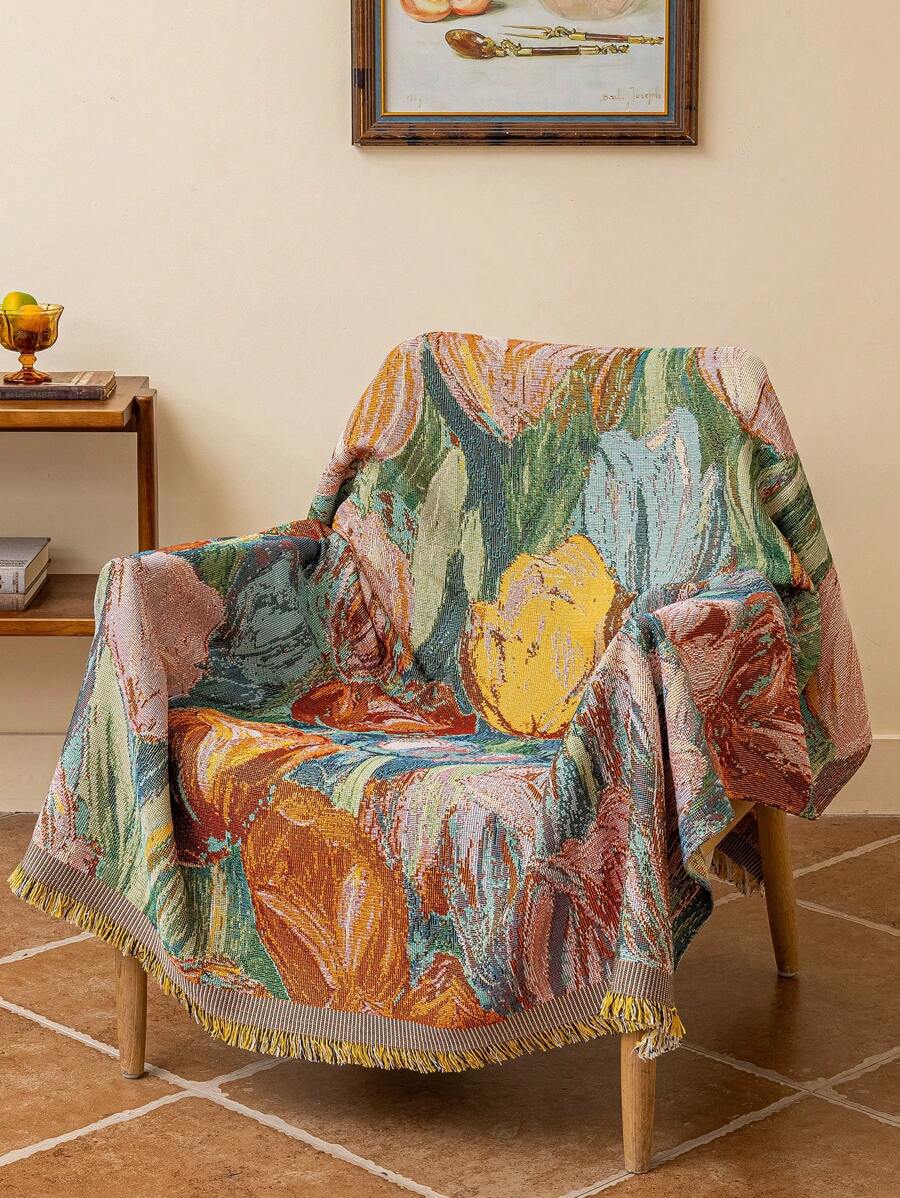 1pc Multipurpose Throw Blanket/Sofa Cover/Nap Blanket/Wall Hanging, With Tasseled Edges, Vintage Oil Painting Style, Suitable For Bedroom, Sofa, Office, Home Decor