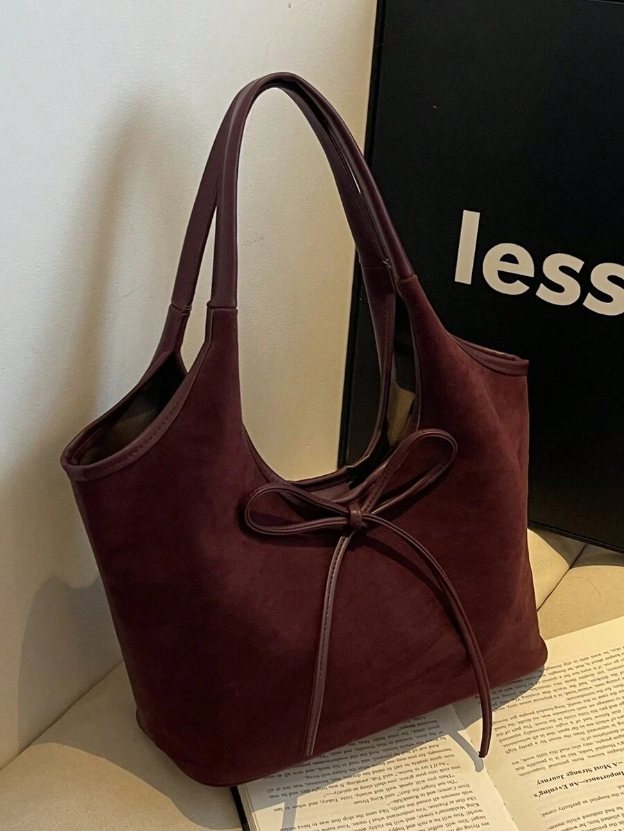 Bolso tote vintage de gran capacidad, bolso de hombro informal con estampado de letras, decoración de lazo y cordón para mujer, elegante bolso multiusos para ir al trabajo, bolso, bolso inspirado en el estilo retro para mujeres