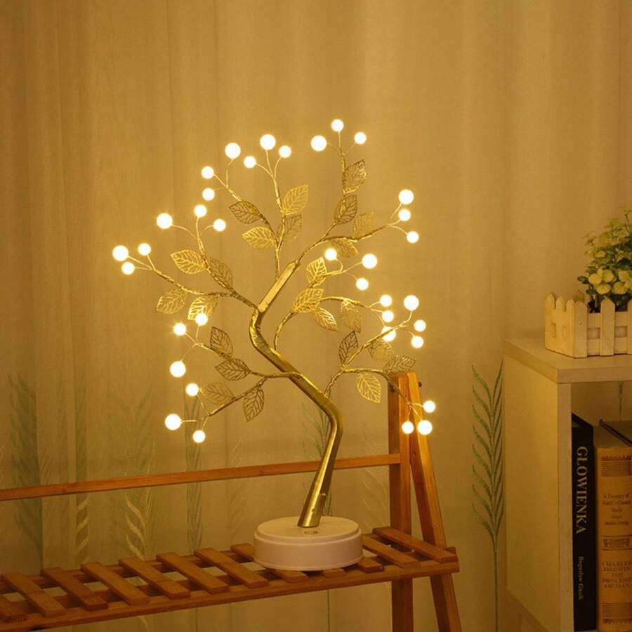 1pc Copper Wire Tree Tabletop Lamp, Excluding Batteries, Bedroom Romantic Branch Decor Artificial Tree Lamp, Small Nightlight