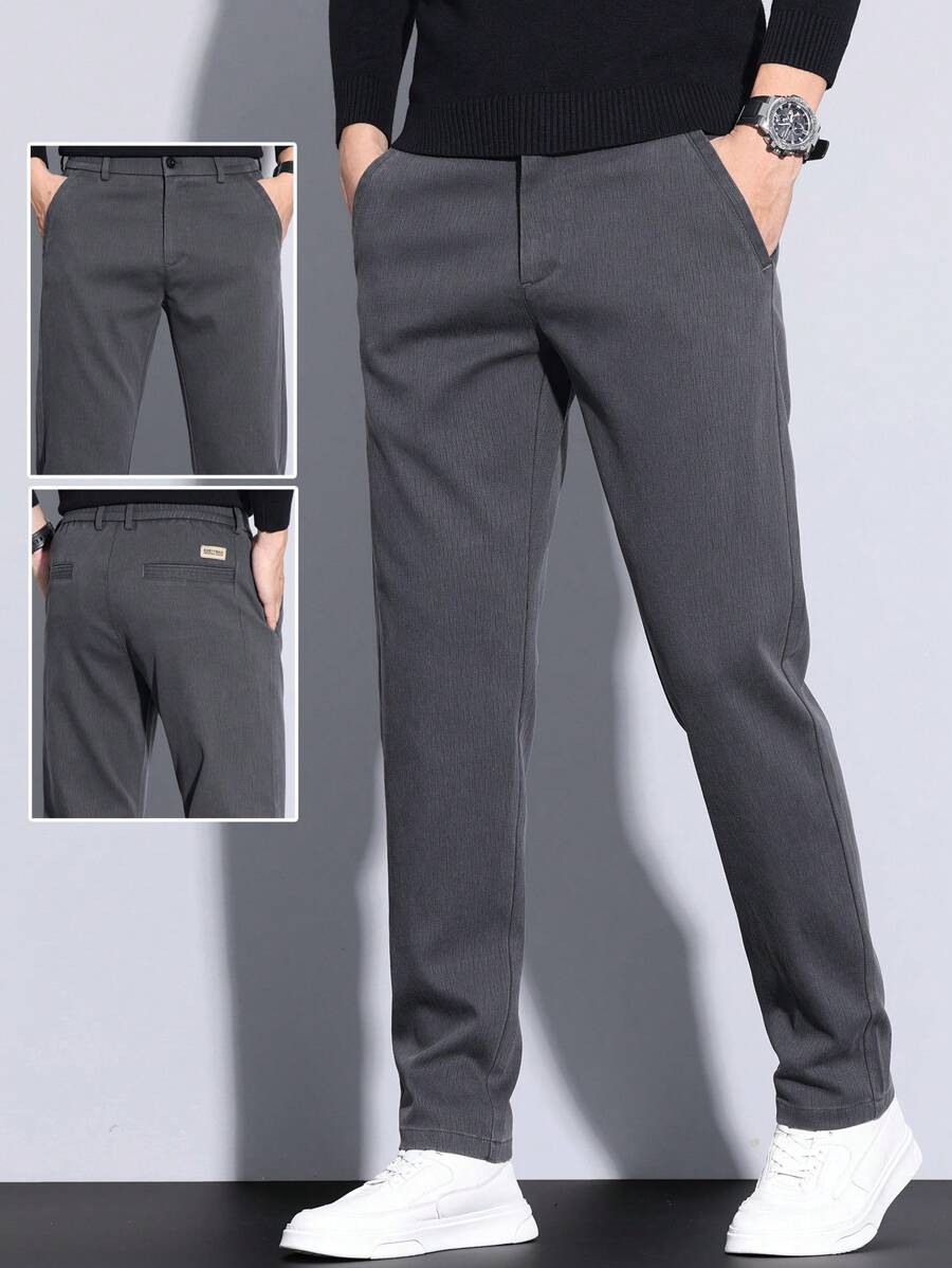 Men's Slant Pockets Flat Casual Pants, Straight Leg, Stretch, Fashion Versatile