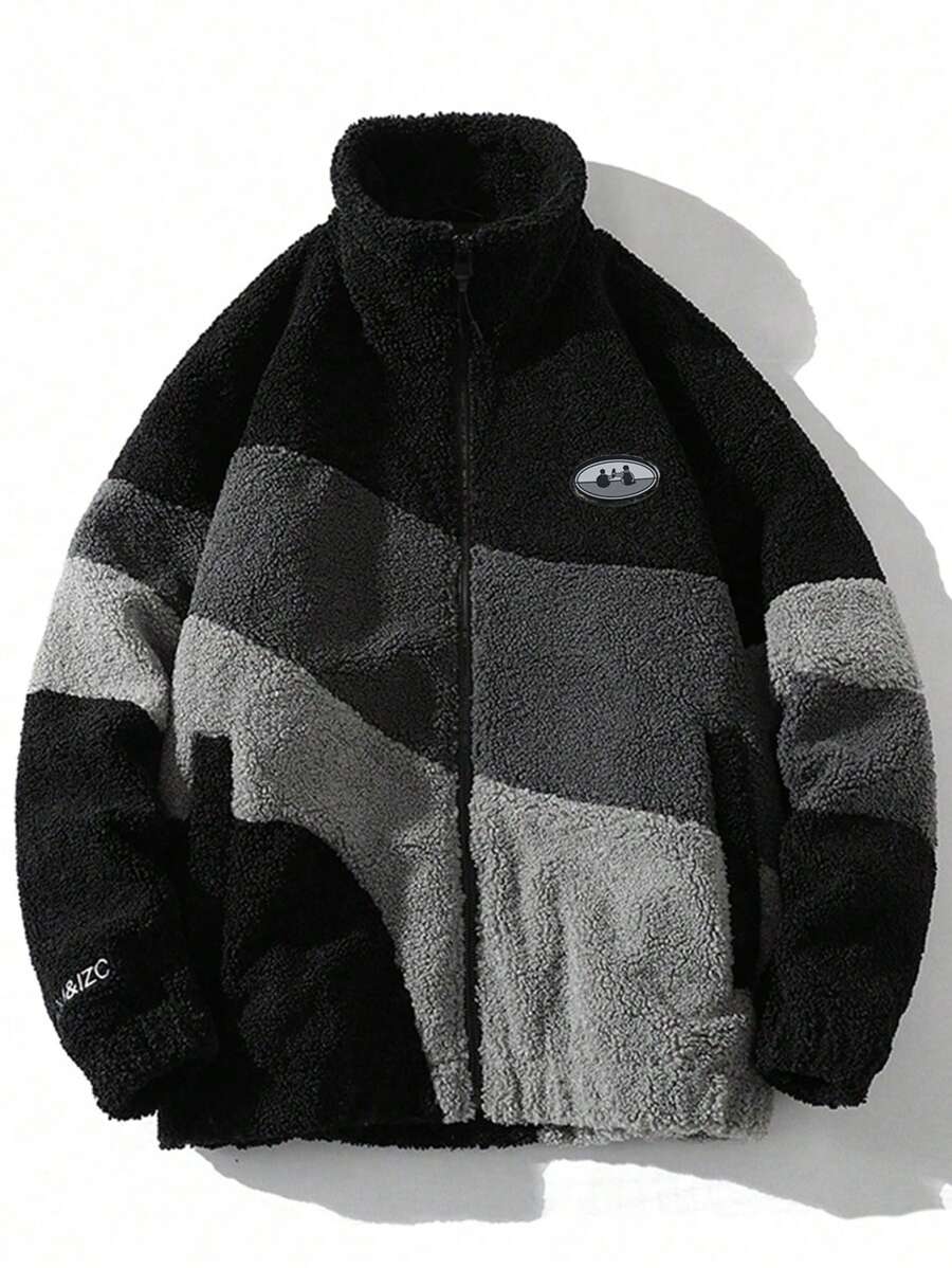 Jaqueta casual de lã Sherpa com blocos de cor para homens no inverno