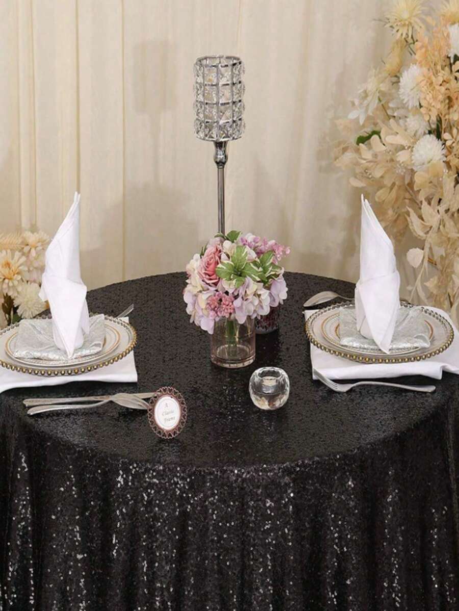 1pc Round Sequin Tablecloth, Glitter Gold Draping Sequin Fabric Tablecloth For Wedding, Birthday Party, Bridal Shower