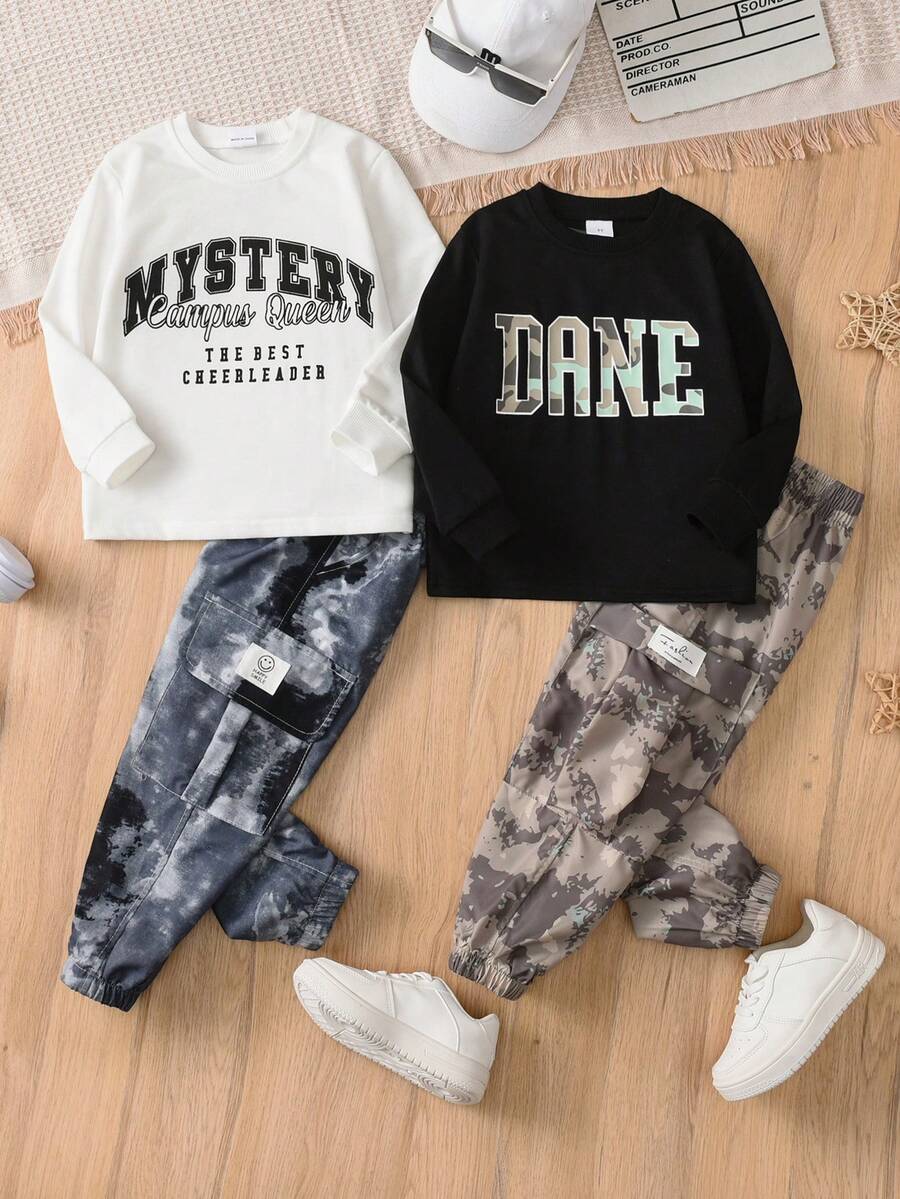 2024 Design Boys Letter & Camouflage Tie-Dye Print Set, Fashion Multi Pocket Long Sleeve Hoodie & Cargo Pants 2pcs