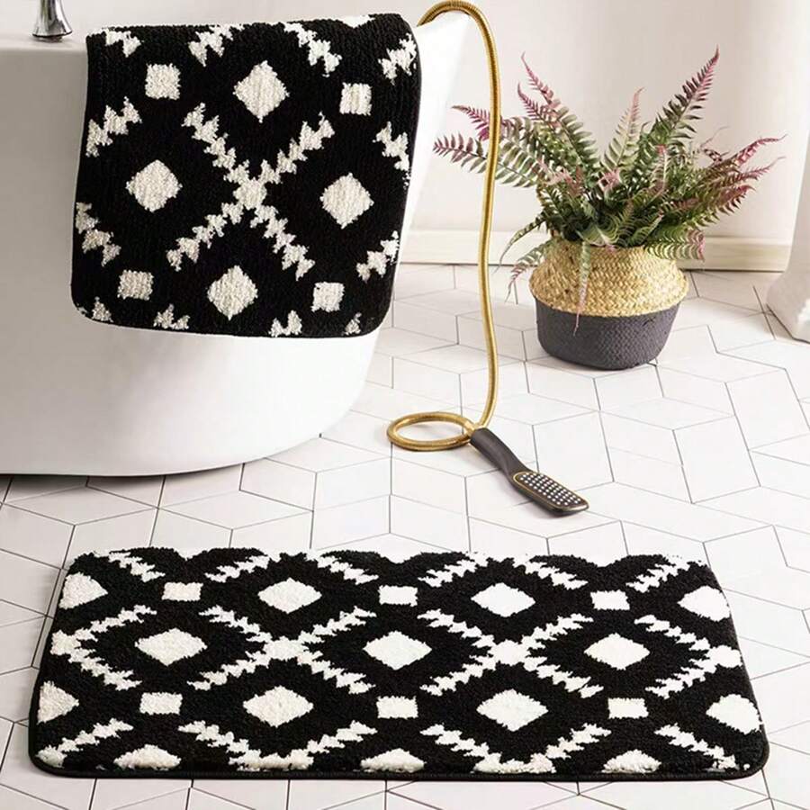 1pc Diamond Shape ,Simple And Fashionable Faux Cashmere Carpet Floor Mat Soft & Non-Slip,Bath Letter Pattern, Hand Washable For All Seasons, Indoor Use ,Room Decor,For Bathroom,Room,Doors,(Grey/Black/Light Brown) Home Bathroom Decor Bath Rug Outdoor Rug Door Mat Fall Decor Bathroom Accessories Back To School