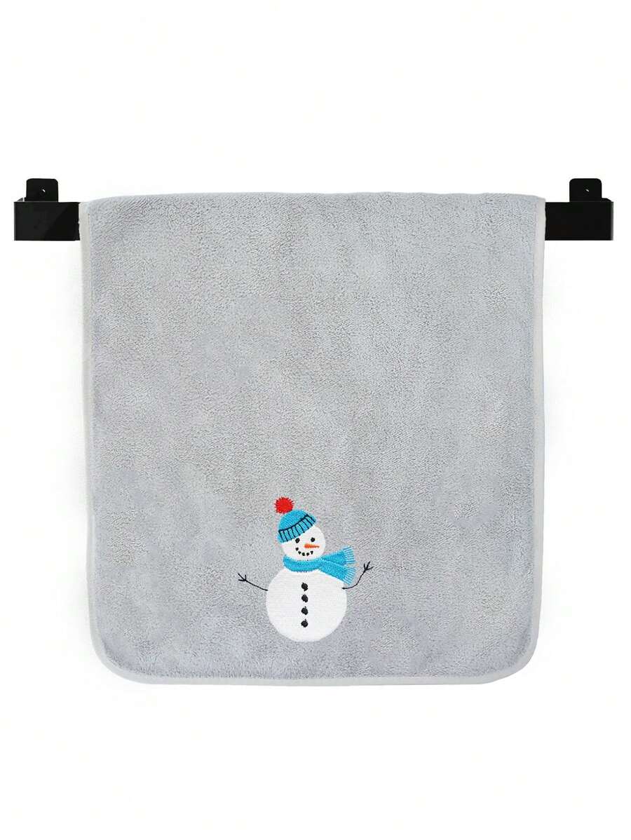 1pc, 34x75cm Coral Fleece Christmas Xmas Theme Embroided Cute Snowman Pattern Hand Towel For Kitchen Bathroom Decoration Summer Back To School